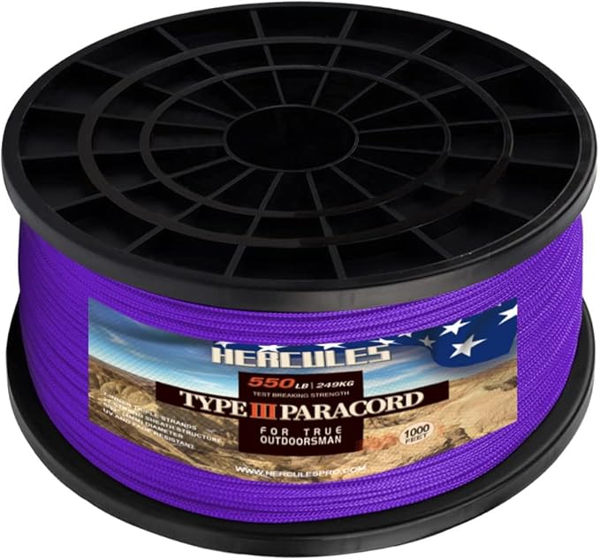 HERCULES Type III Paracord 550 Paracord Rope Parachute Cord, 1000' Purple for Camping Cord, Survival Rope