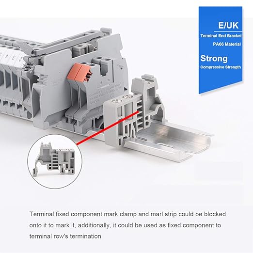 Erayco DIN Rail Terminal Blocks Kit, 20PCS UK2.5B Terminal Blocks 12 AWG Gauge, 20A 600V, 2PCS Ground Blocks, 4PCS Jumpers, End Stopper, End Covers, Marker Strip, 1Pcs 8" Aluminum Rail