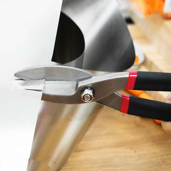ZKH 10 Inch Tin Snips, Alloy Steel Forged Heavy Duty Metal Shears with Comfortable Two-Color PVC Dipped Plastic Handle, Metal Snips for Cutting Sheet Metal