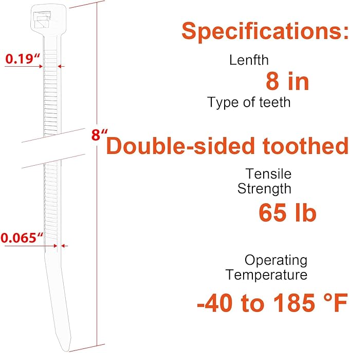 8 Inch Zip Ties Double Sided Toothed,65LBS Tensile Strength Heavy Duty Cable Wire Ties With Self-Locking Adjustable More Durable Nylon Tie Wraps for Indoor Outdoor（100 Pack）