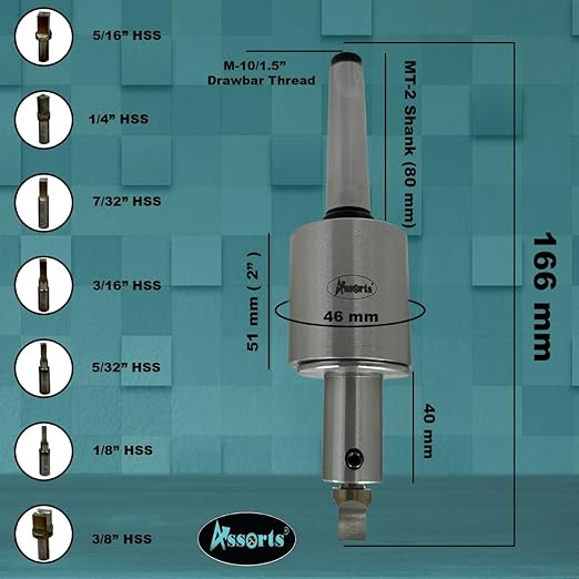 ASSORTS Precision Rotary Broach with MT-2 Shank (M-10/1.5” Drawbar Thread) and H.S.S Square Punch 7 Pcs– Ideal for CNC, Lathe, Milling & Drilling Machines