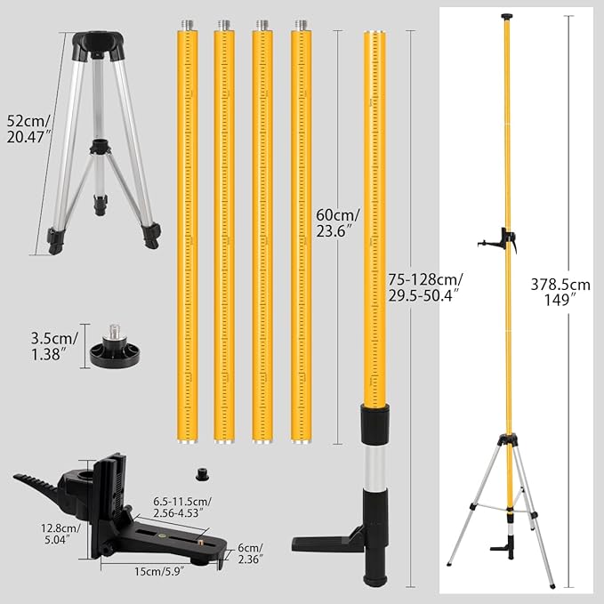 MOETER 12 Ft./3.7M Laser Level Pole with Tripod, Laser Stand Pole with 1/4"-20 & 5/8"-11 Threaded Adapter, Telescoping Laser Level Tripod for Rotary and Line Lasers