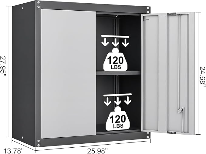 GREATMEET 28" H Lockable Metal Garage Storage Cabinets, Metal Cabinet Storage, Garage Wall Cabinet with Doors and Shelves, Hanging Floating, Grey&Black