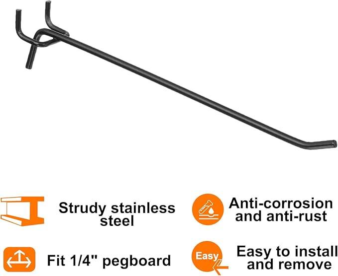 HARFINGTON 25pcs Pegboard Shelving Hooks 8" Stainless Steel Peg Board Display Hook Hanging Holders Wall Mount Organize Tools for Workbench Garage Kitchen Store, Black