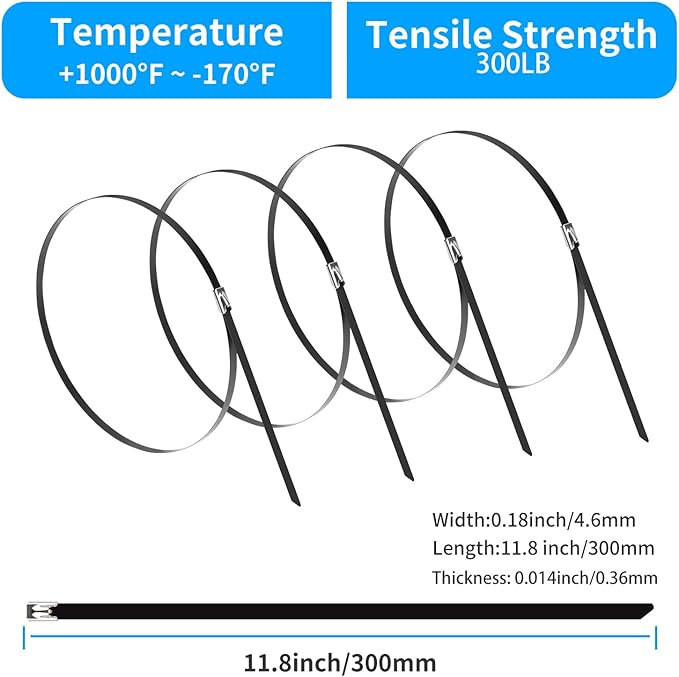 XINGO 11.8 Inch Metal Zip Ties (200 Pack), 304 Stainless Steel Heavy Duty Zip Ties, 300lbs Tensile Strength, Multi-Purpose Self-locking Cable Ties for Exhaust Wrap, Outdoor and Canopy Etc