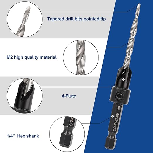 COMOWARE Countersink Drill Bits Set- 5Pcs M2 Counter Sink Bit for Wood High Speed Steel, 4#6#8#10#12, Woodworking Carpentry Reamer with 1 Free Hex Key Wrench