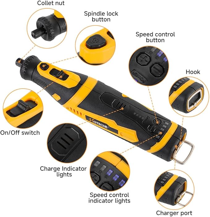 Hoteche Mini Cordless Rotary Tool Kit 5-Speed 8V Li-ion Battery with 42 Accessories - Precision Multi-Purpose Electric Rotary Tool for Grinding, Sanding, Cutting and Engraving