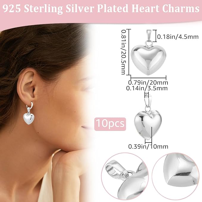 Beebeecraft 10Pcs 925 Sterling Silver Plated Heart Charms Metal Brass Love - Image 2