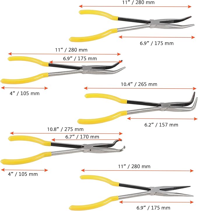 SINJEUN 5-Piece 11 Inch Nose Pliers Set, Long Reach Angle Pliers - Straight, 25, 45, 90 and Round. Yellow Rubber Grip