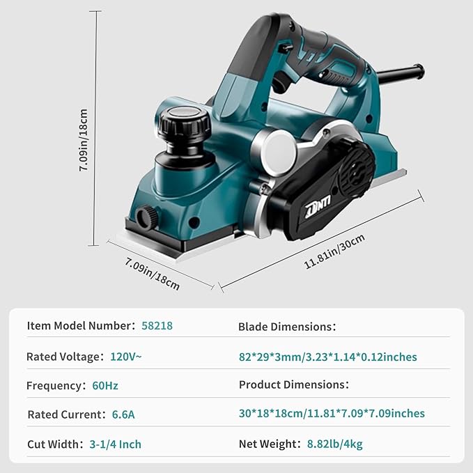 DNTI 6.6amp Corded Electric Handheld Planers 17000rpm Hand Planer Power Woodworking Tool Power Handheld Planer for Wood Chamfer DIY model 3-1/4 Inch Cut Width 58218