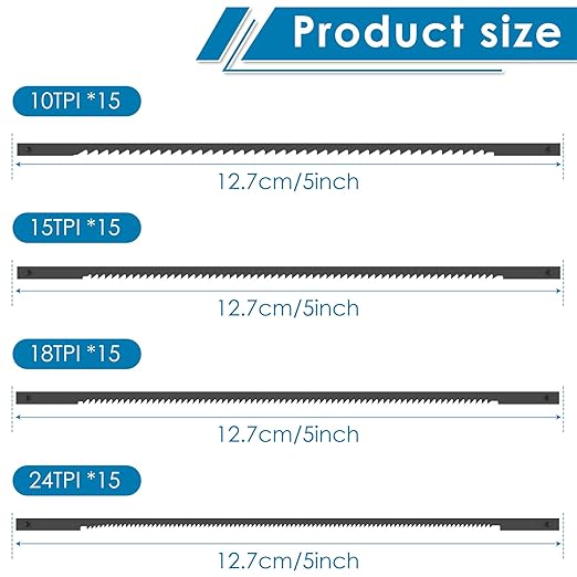 60Pcs Coping Saw Blades Set, 6-1/2-Inch Long Between Pins, Sturdy Wood Cutting Saw Blades Kit (15 TPI, 18 TPI, 24 TPI) High-Carbon Steel Pin End Scroll Saw Blade Assortment (60,10/15/18/24)