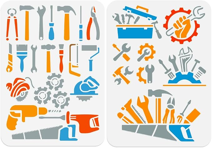 2pcs 11.69"x8.27" Tool Wall Stencil Templates Mechanical Tools Reusable Plastic by Doodlream