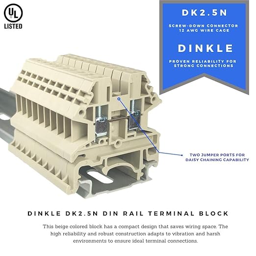 Dinkle DK2.5N DIN Rail Terminal Block Screw Type UL 600V 20A 12-22AWG, Pack of 100