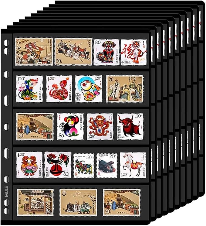 5-Row Stamp Album Pages, 10-Sheet – 9-Hole Clear Refill Pages by Unknown
