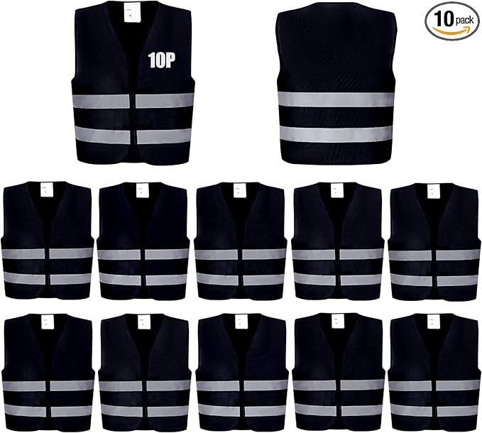Safety Vests 10 Pack - Black Reflective High Visibility Construction ANSI Class 2 Work Vests for Men,Woman,Hi Vis and Neon Silver Strip