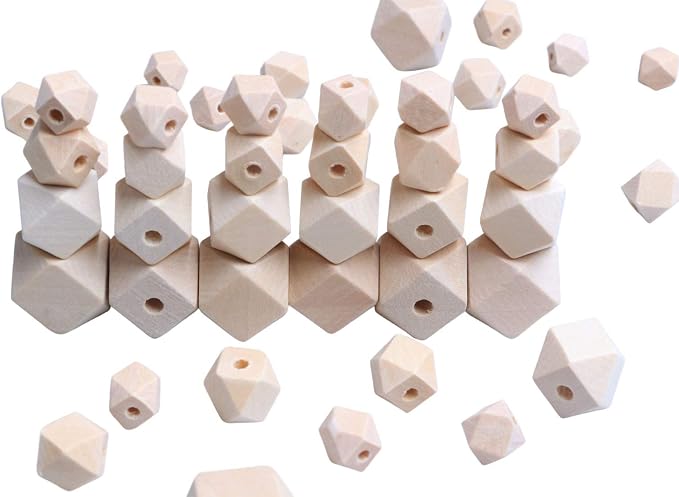 100Pcs Natural Geometric Polygon Wood Beads, Unfinished Wooden Loose Spacer by woodeni