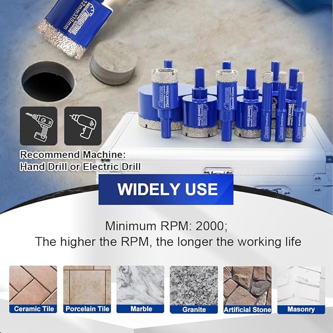 SHDIATOOL Diamond Drill Core Bits Set for Porcelain Triangle Shank Hole Saw Cutter for Tile Marble Ceramic Granite on Drill Machine 11pieces(6/8/10/20/25/28/32/35/45/50/65MM)
