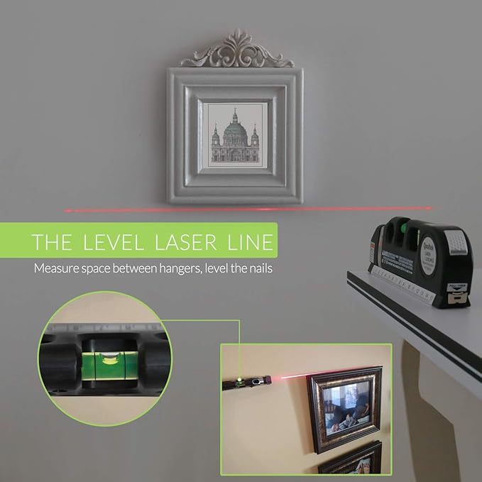 Laser Level Multi Tool, Multipurpose Cross Line Laser leveler Kit Tools with Metric Rulers 8ft/2.5M for Hanging Pictures Cabinets Tile Curtains Walls by Qooltek