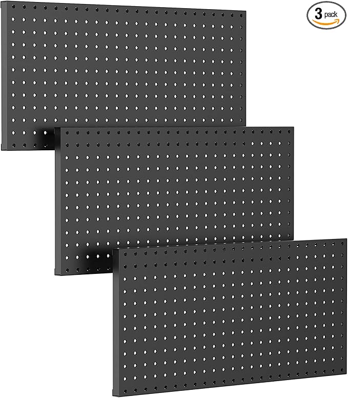 TORACK 3 pcs Metal Pegboard Panels for Wall Garage Utility Tools Storage Pegboard for Workbench, Shop, Modular Peg Board Tool Organizer Boards(Pack of 3, Black)