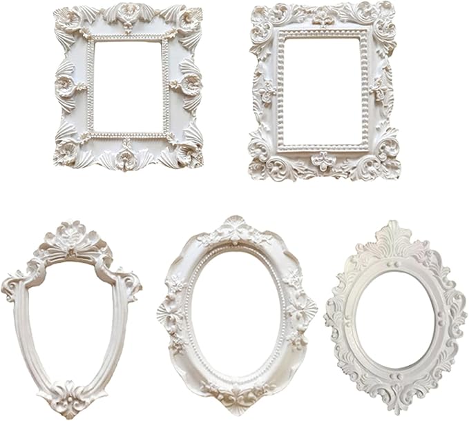 5Pcs Mini Frames -White Small Vintage Flower Oval Rectangle Baroque Frames by mozhixue
