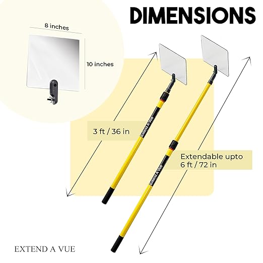 Telescoping Inspection Mirror - Standard Fiberglass, Lightweight & Durable, 3 ft - 6 ft Pole, 8 x 10 inch Acrylic Mirror