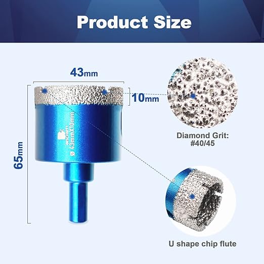 Dry Diamond Core Drill Bit Set,BRSCHNITT 1 2/3 Inch (43mm) Diamond Hole Saw Core Drill Bit with Triangle Shank for Porcelain Tile Ceramic Stone Granite Marble