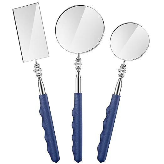 3 Pieces Telescoping Inspection Mirror Stainless Steel Extendable Mechanic Mirror with Long Handle Tool for Technicians Mechanics Contractors(50/85/50 mm,Square,Round,Round)