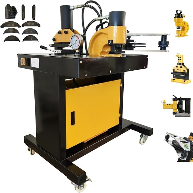 4 in 1 Electric Hydraulic Busbar Processor Busbar Bender Cutter/Hole Puncher/Flat Bending/Vertical Bending Cutting Punching Bending Machine for Iron, Copper, Aluminum 110V
