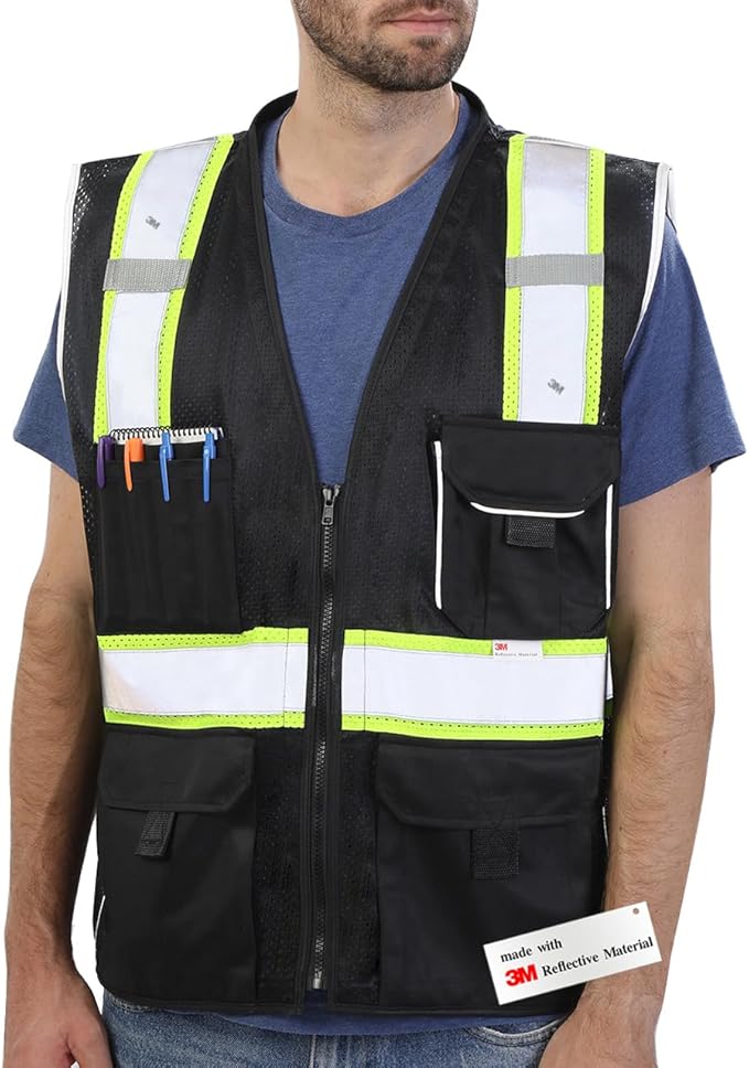 Dib Safety Vest Reflective Black Mesh, High Visibility Vest with Pockets and Zipper, Heavy Duty Vest Made with 3M Reflective Tape S