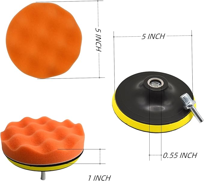 10Pcs 5Inch Face Backing Plate Compound Buffing Polishing Sponge Pads Waffle Foam Buffing Polishing Pads Kit with Woolen Cutting Pad and 5Inch Backing Plate M10 Drill Adapter