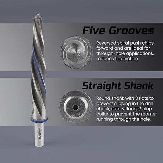 Lichamp 5-Piece M2 HSS Reamer Drill Bit Set, 3/8" 1/2" 9/16" 5/8" 3/4" High Speed Steel Chucking Reamer Set for Metal