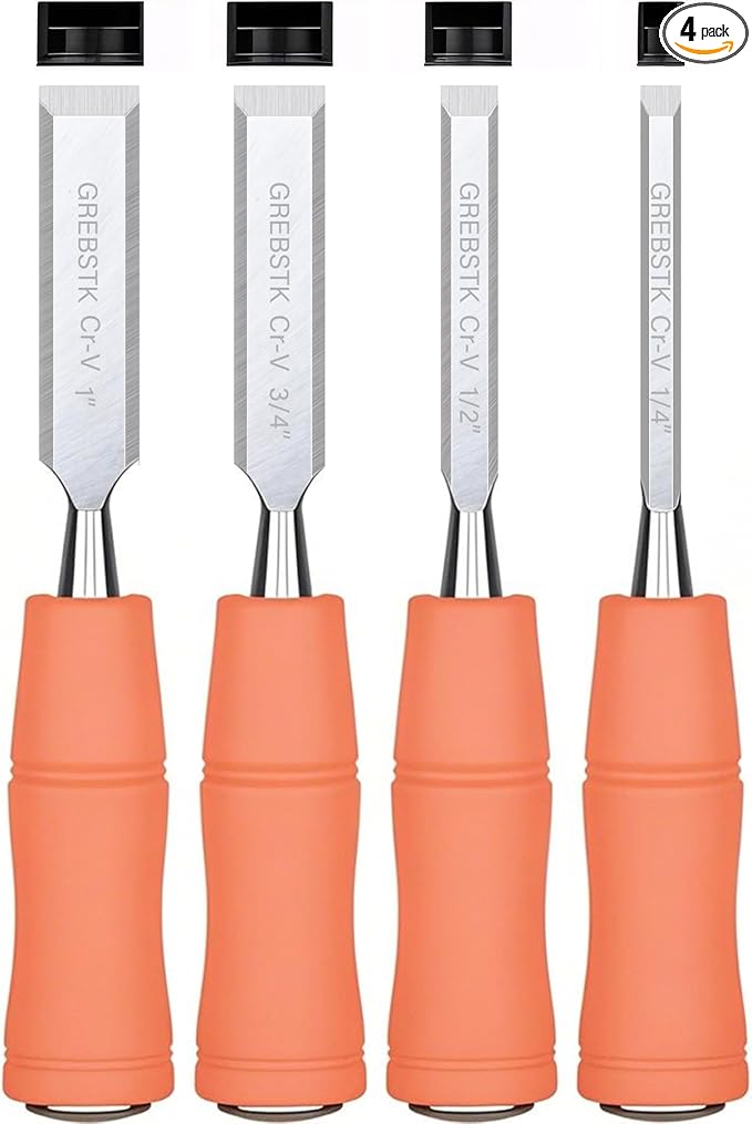 GREBSTK 4 Pcs Wood Chisel Set, CRV Steel Bevel Sharp Edge Bench Chisels with Metal Striking Cap, for Woodworking and DIY Projects, 8"x(1/4", 1/2", 3/4", 1")