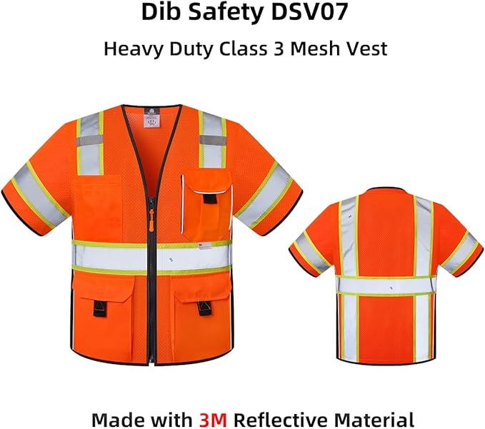 Dib Safety Reflective Mesh Vest ANSI Class 3, High Visibility with Pockets and Zipper, Made with 3M Reflective Tape, Orange 2XL