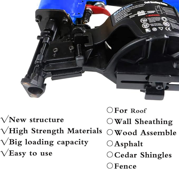BHTOP CN45N Roofing Nailer, 15 Degree Roofing Nail Gun, 3/4-Inch to 1-3/4-Inch Coil Nails, 120-pcs Load Capacity Coil Nailer in Blue