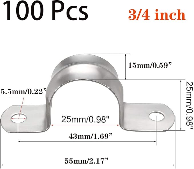 100 Pcs 3/4inch Rigid Pipe Strap,Two Hole Stainless Steel Strap U Bracket, Widened Tube Strap Tension Clip Assortment Kit Heavy Duty Pipe Clamp for Pipe Fixing（25mm）