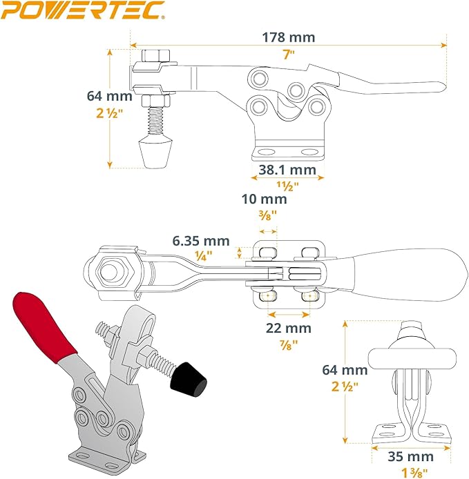 POWERTEC 4PK Toggle Clamp, 500 lbs Holding Capacity, 225D Quick Release Horizontal Clamps w/ Antislip Rubber Pressure Tip for Woodworking Jigs and Fixtures, Welding, Drill Press, Crosscut Sled (20326)