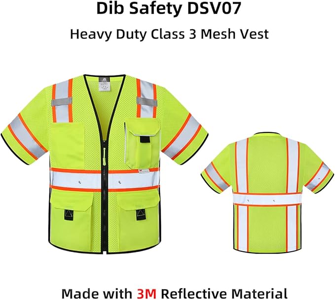 Dib Safety Reflective Mesh Vest ANSI Class 3, High Visibility with Pockets and Zipper, Made with 3M Reflective Tape, Yellow L