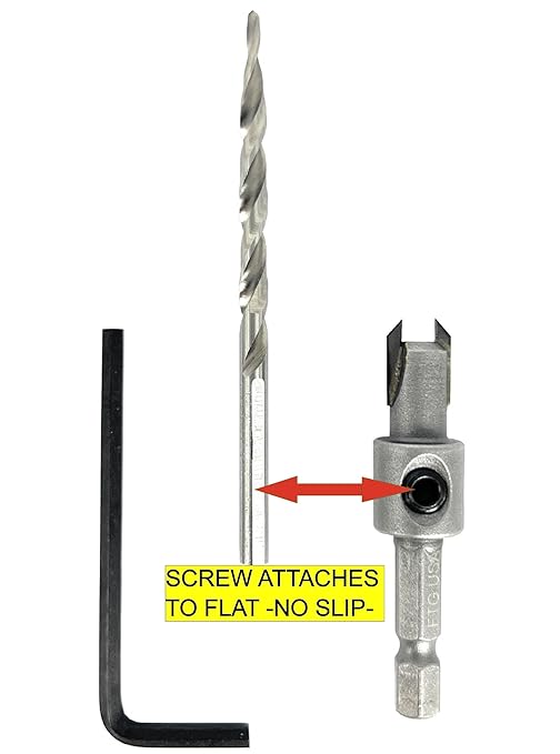 FTG USA #8 (11/64") Tungsten Carbide Tipped 82 Degree Countersink Drill Bit with Tapered Drill Bit, 1/4 Inch Quick Change Hex Shank and Allen Wrench