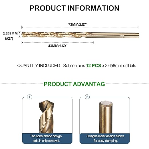 METALLIXITY Drill Bit (#27) 12Pcs, M2 High-Speed Steel Micro Number Bits Spiral Flute 135°Point Tip Gold Finish for Stainless Steel Iron Copper Aluminum Hard Metal