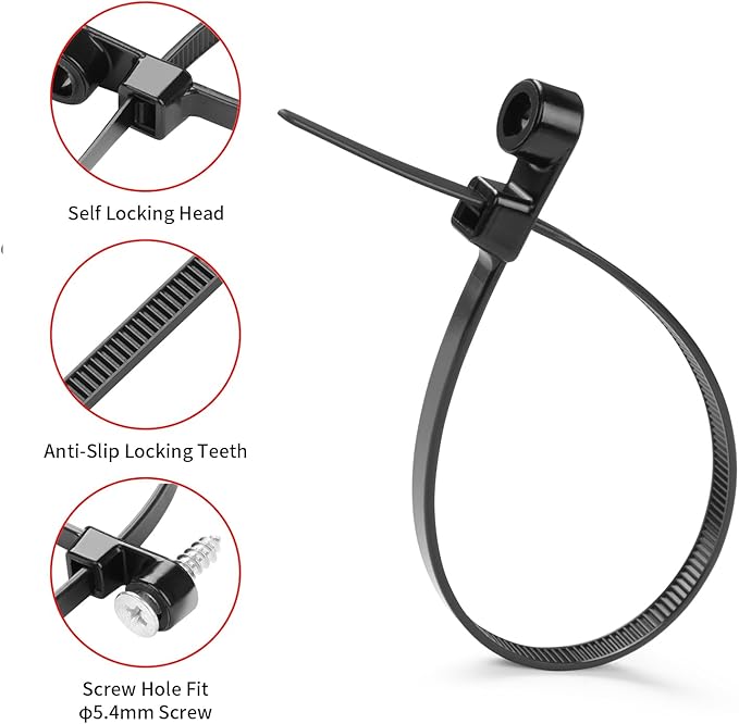 200 PCS 12 inch Black Zip Ties with Screw Hole 75lbs Mountable head Cable Ties Straps Multipurpose Heavy Duty Nylon Cable Zip Ties with Screw Mounting Hole