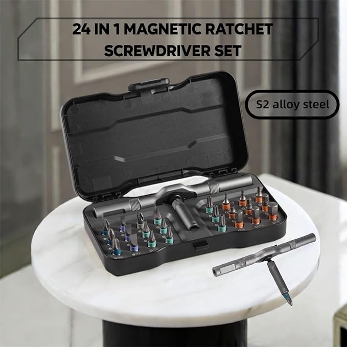 24 in 1 Magnetic Ratchet Screwdriver Set – Ratcheting Multi-Bit Screwdriver Kit with T-Handle, 24 High-Magnetic Bits, Compact & Portable for DIY, Furniture Assembly, Electronics, and Home Repair
