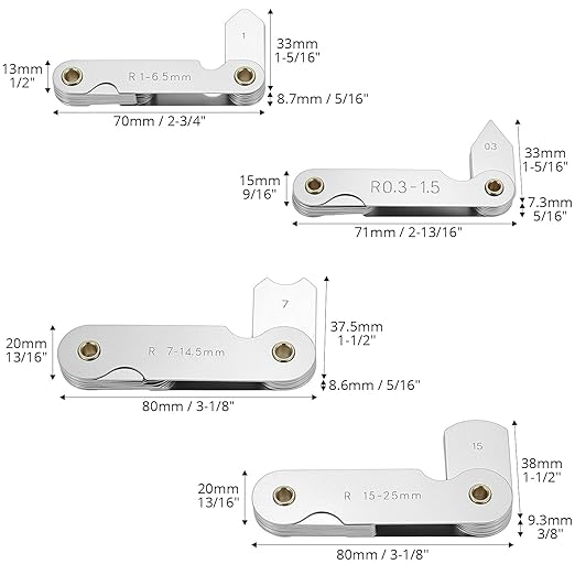 QWORK 4 Pack Radius Gauge Set, Precision Stainless Steel Measurement Tool for Convex & Concave Surfaces, R0.3-1.5mm/ R1-6.5mm/ R7-14.5mm/ R15-25mm