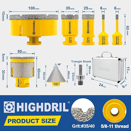 HIGHDRIL Diamond Drill Bits Kit - 6/6/25/35/100mm/50mm Finger Bit+50mm Chamfer Bit with 5/8-11 Thread for Porcelain Ceramic Tile Granite Marble Brick