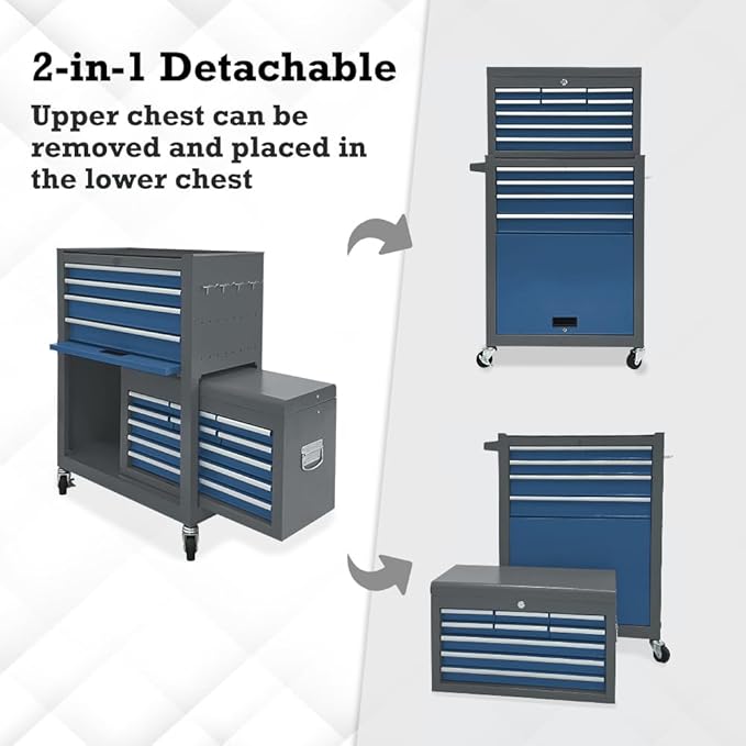 Kirmoasl 13-Drawer Rolling Tool Chest,Large Tool Chest with Wheels,2 in 1 Detachable Tool Chests,Portable Tool Storage,Locking Mechanic Tool Box for Warehouse,Garage (Gray&Blue)
