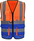A-SAFETY Industrial Safety Vest, Hi Vis 9 Pockets High Visibility Zipper Front Reflective Safety Vest, Orange&Blue Color Mixed, XL