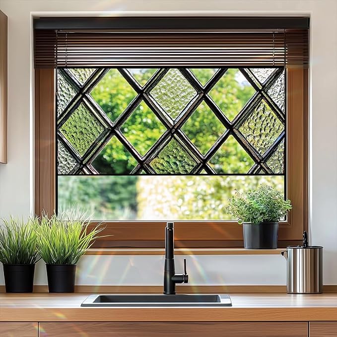 Diamond Grid Privacy Window Film 17.71x39.97 Inch Textured Green Glass Look - Image 6