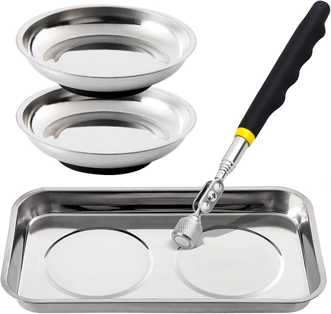 3 Pieces Magnetic Trays with 8LBs Telescoping Magnetic Pick-up Tool Set, 9.5" Rectangle, 2 Pieces 4" Stainless Steel Magnet Parts Tray for Screws, Sockets, Bolts, Mechanic's