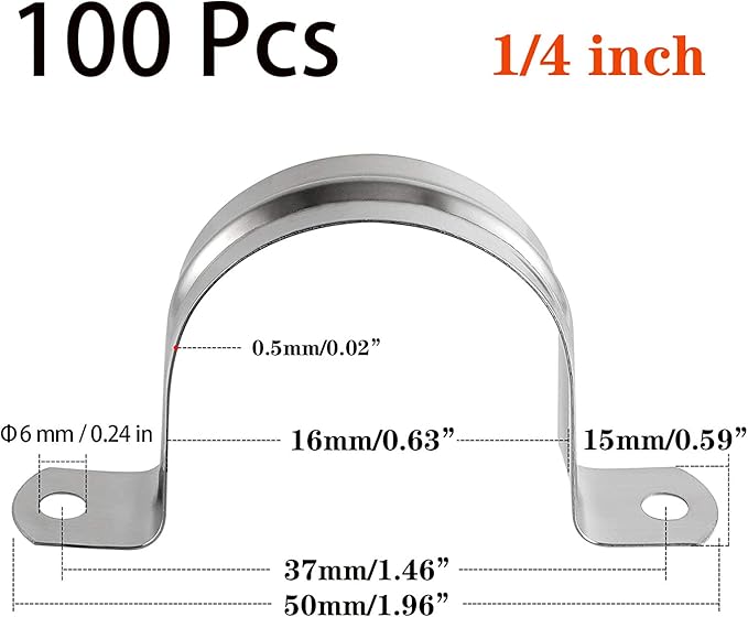 100 Pcs 1/4inch Rigid Pipe Strap,Two Hole Stainless Steel Strap U Bracket, Widened Tube Strap Tension Clip Assortment Kit Heavy Duty Pipe Clamp for Pipe Fixing（16mm）