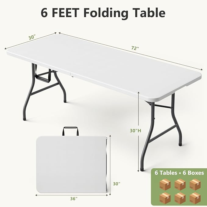 Folding Table 6 Pack, 6 FT Foldable Plastic Table - Image 3