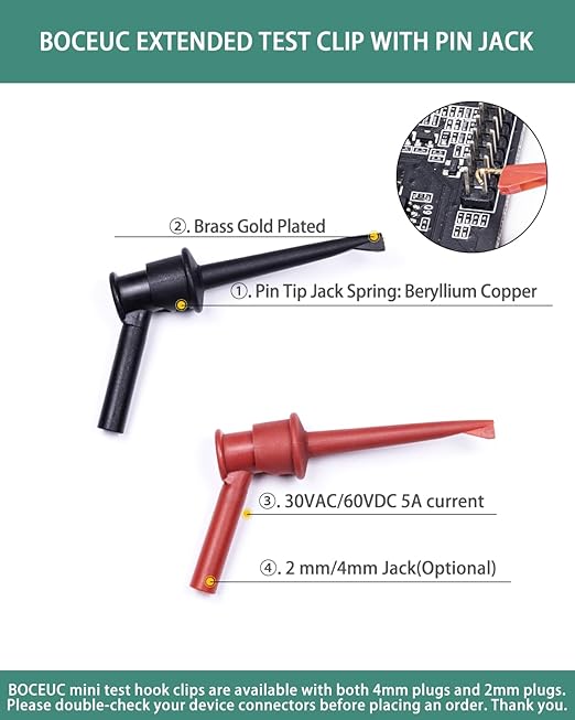 Mini Grabber with 4MM Banana Jack, Mini Test Hook Clips for Multimeter Leads Push on Probe(2PCS)